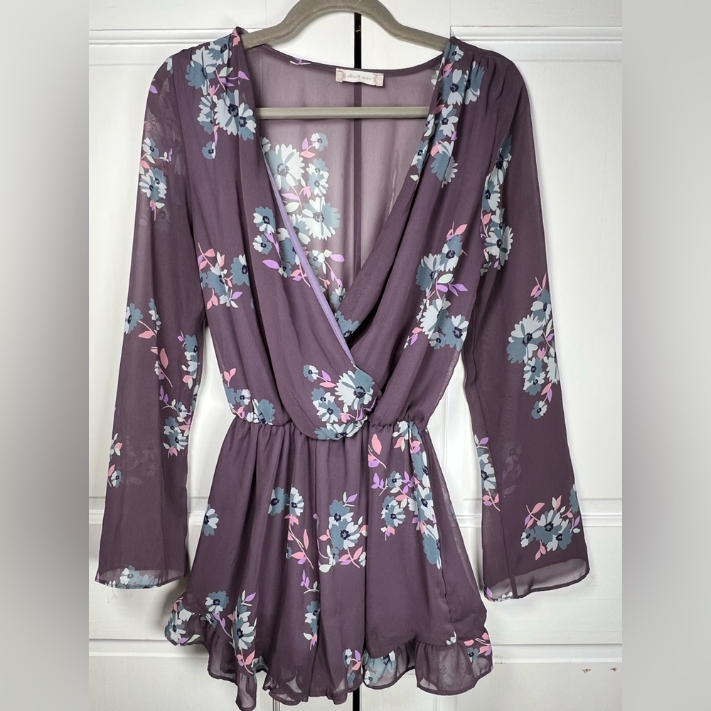 Altar’d State Sheer Purple Floral Lined Romper Size Small